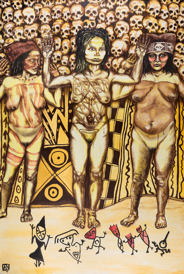 Apoteosis de las Cuchimilcas Chancay, Il ritorno delle bambole Chancay, Apotheosis of the Chancay Cuchimilcas Acrylic Canvas Figure Painting