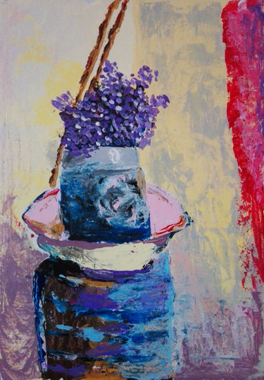 Naturaleza muerta. Flores en violeta Acrylic Card Still Life Paintings