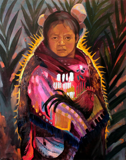 Niña Chamula con gallo Oil Canvas Portrait