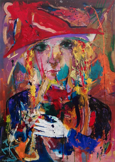 Retrato de mujer con sombrero rojo y guante blanco Mixed media Others Portrait