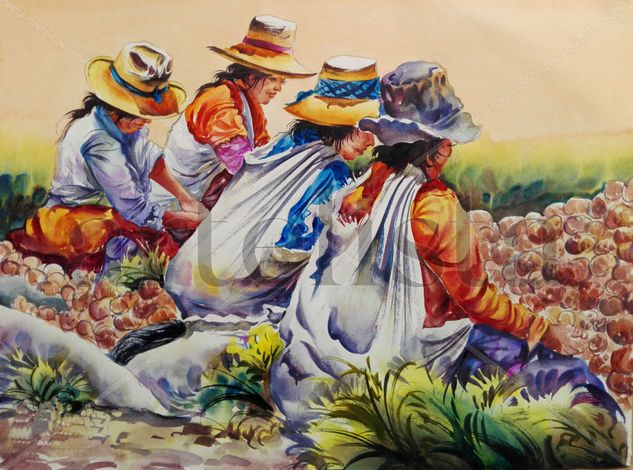 Andean women harvesting Acuarela Cartulina Paisaje