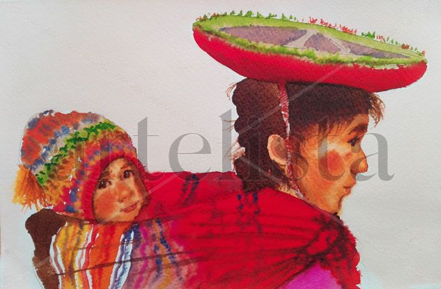 Andean woman with son Acuarela Cartulina Paisaje