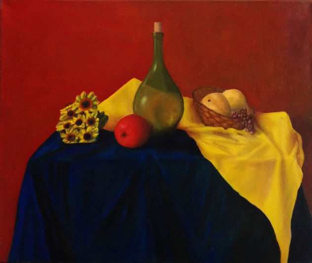 Naturaleza muerta. Botella y frutas