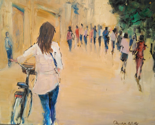 WOMAN CYCLING IN BARCELONA Oil Canvas Landscaping