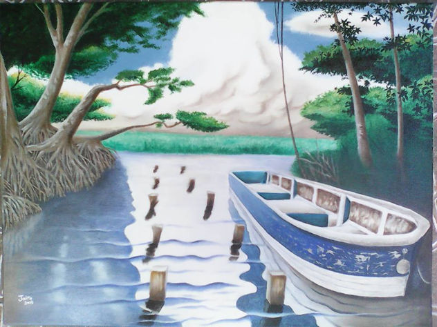 Barco atracado en un muelle que ya no existe(Manglar de playa Miami, Tela, Honduras)