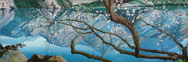 Apricot tree over the water. Screen in 4 parts. Oil Canvas Landscaping