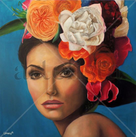 Mujer con flores Oil Canvas Portrait