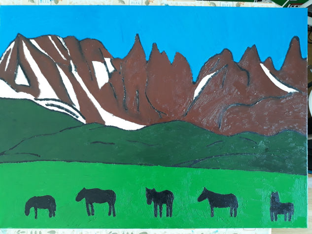 Caballos y montañas Oil Canvas Landscaping