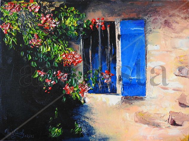 Ventana azul con Santa Rita roja Oil Paper Floral Painting