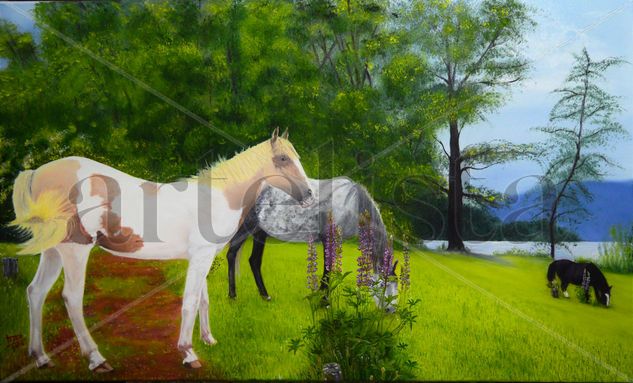 Caballos frente al lago Oil Canvas Animals