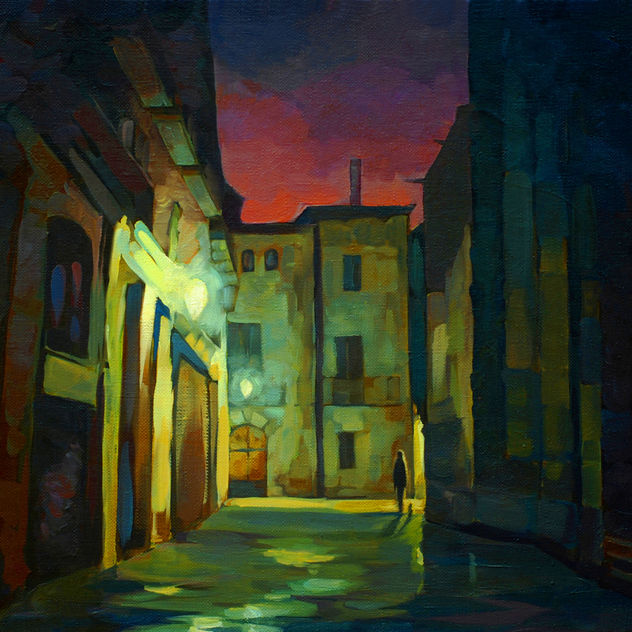 Antiguo rincón de Barcelona por la noche después de la lluvia