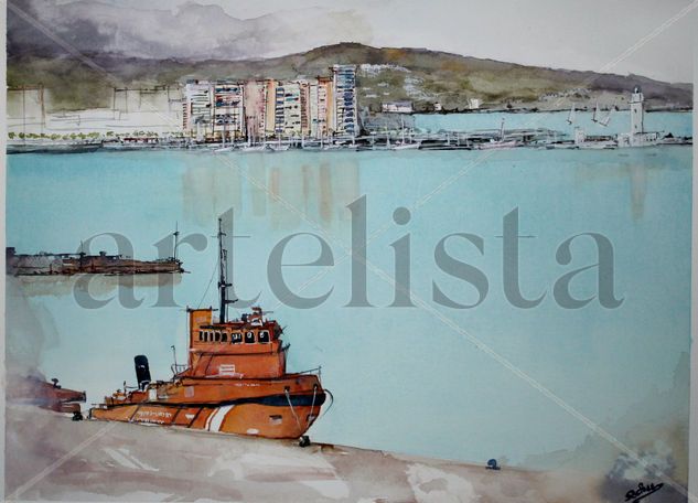 Remolcador en el puerto de Málaga Watercolour Paper Marine Painting