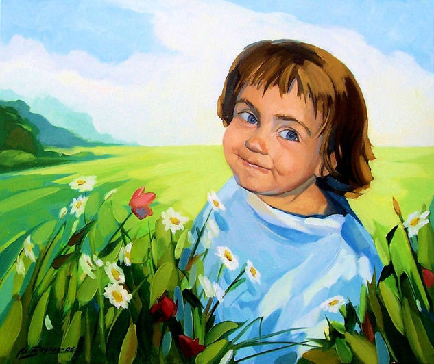 Niña en el campo Oil Canvas Portrait