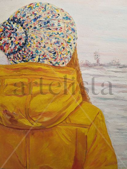 Chica con anorak amarillo y gorro Óleo Lienzo Figura