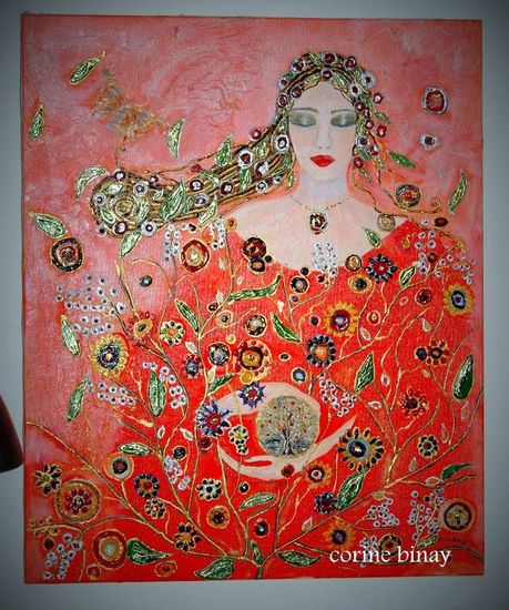 la femme aux fleurs Mixed media Canvas Floral Painting