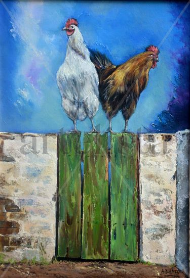 Pareja de gallinas Oil Canvas Animals