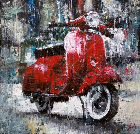 Vespa roja Óleo Lienzo Paisaje