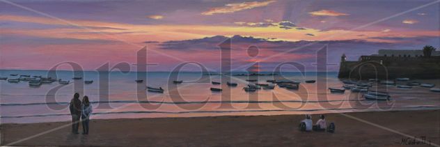 PUESTA DE SOL EN LA CALETA CASTILLO SANTA CATALINA (oleo s. lienzo con 60x20)