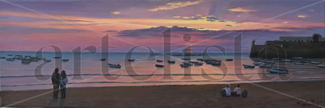 PUESTA DE SOL EN LA CALETA CASTILLO SANTA CATALINA (oleo s. lienzo con 60x20) Óleo Lienzo Paisaje