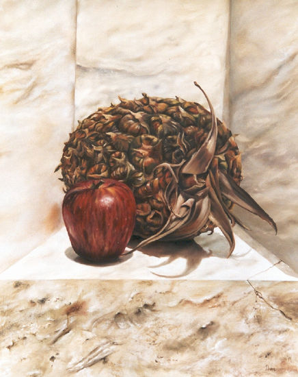 Manzana con Piña sin Cabeza. Oil Canvas Still Life Paintings