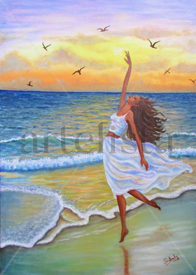 Danza al atardecer. Oil Textile Marine Painting