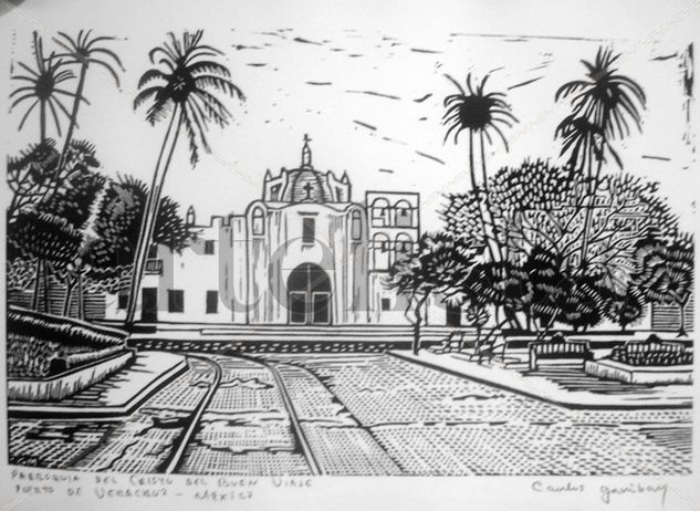 Parroquia del cristo del Buen Viaje, Veracruz, Puerto, Mexico Linocut