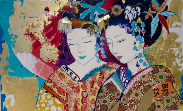 Geishas Mixed media Panel Figure Painting