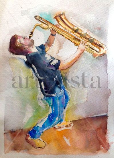 Alberto y su saxo Watercolour Paper Portrait