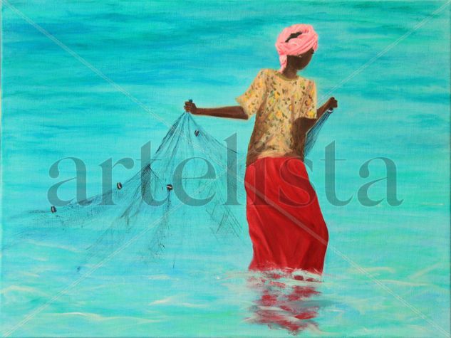 Mujer pescando con red en Zanzíbar Oil Canvas Marine Painting