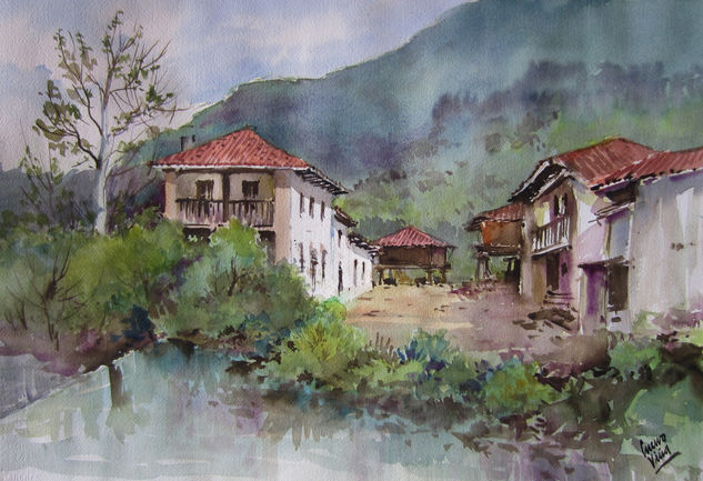 La Riera-Covadonga Acuarela Papel Paisaje