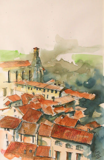 San Geminiano a la tarde Watercolour Paper Landscaping