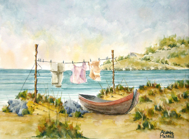 Bote pescador Acuarela Papel Paisaje