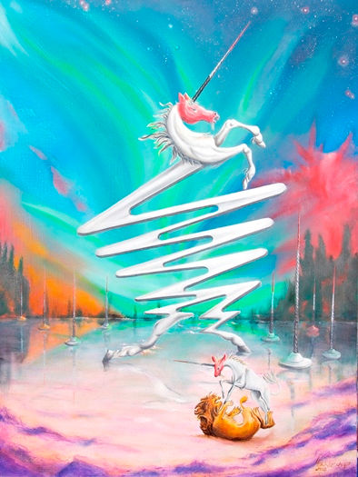 Lucha de unicornio de cabeza roja y león