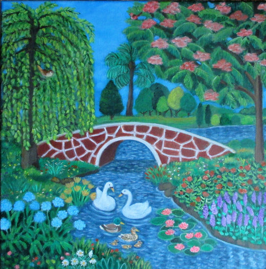 Puente sobre el lago. Oil Canvas Landscaping