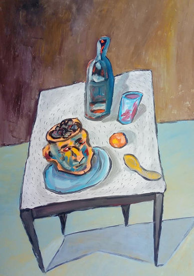 Bodegón, con cuchara y naranja. Oil Paper Still Life Paintings