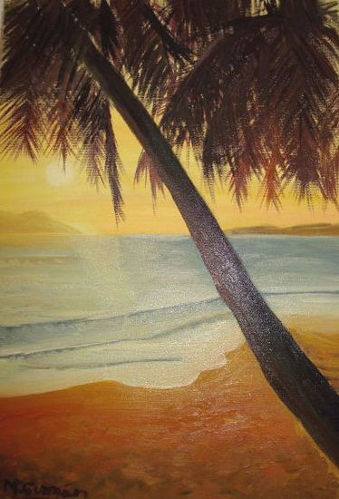 Atardecer con palmera Oil Canvas Marine Painting