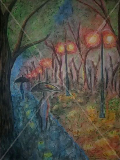 Rainy night Pastel Papel Paisaje