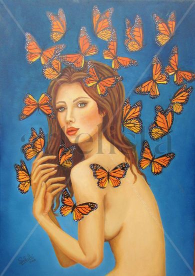 Desnudo con mariposas. Mixed media Textile Nude Paintings