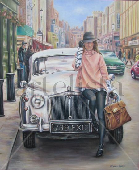 Chica y auto Oil Canvas Figure Painting