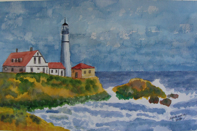 Faro en la costa Watercolour Card Marine Painting