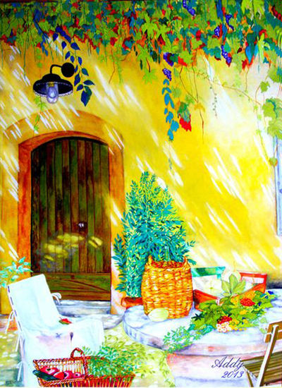 Patio al atardecer Gouache Card Floral Painting