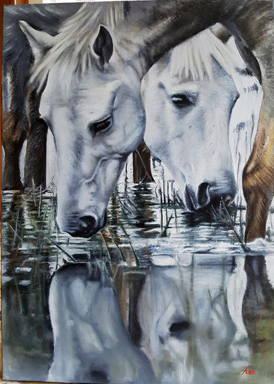 White horses Oil Canvas Animals