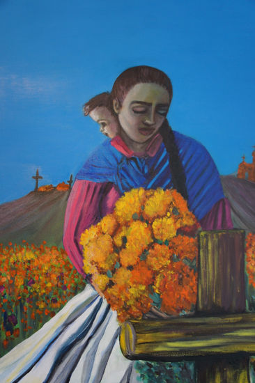 Cruces en los campos de cempaxochitl Acrylic Canvas Figure Painting