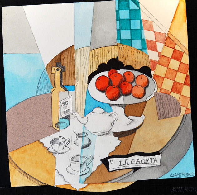 Bodegón con frutero y desayuno