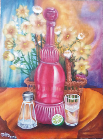 naturaleza muerta de una botella de tequila con ranunculos Oil Canvas Floral Painting