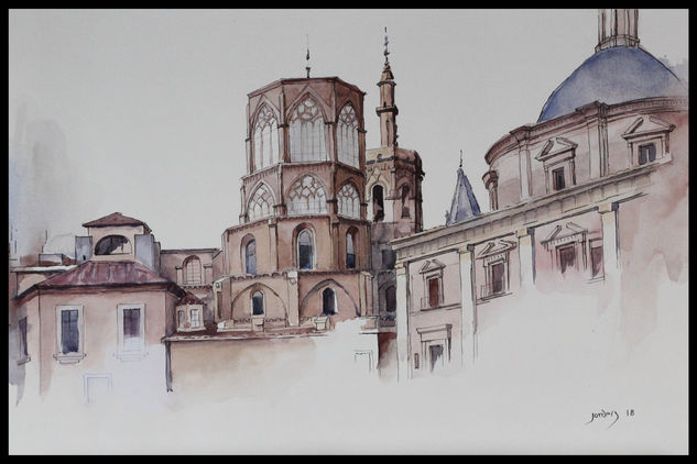 Catedral de Valencia Acuarela Papel Paisaje