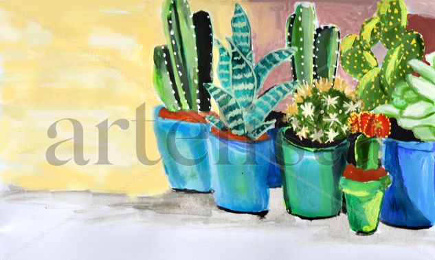 Macetas de Cactus en verano Gouache Papel Floral