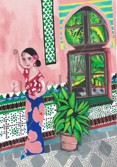 Andaluza en el Palacio de la Najarra Gouache Papel Figura