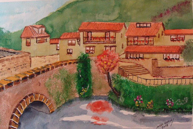 Rio junto al pueblo Watercolour Card Landscaping