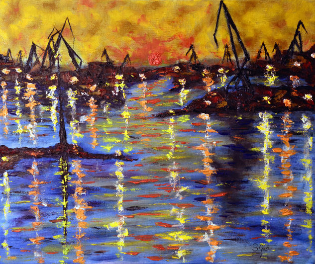 Gruas en Sestao. Oil Canvas Marine Painting